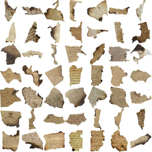 Collection of fragmented ancient text on a white background