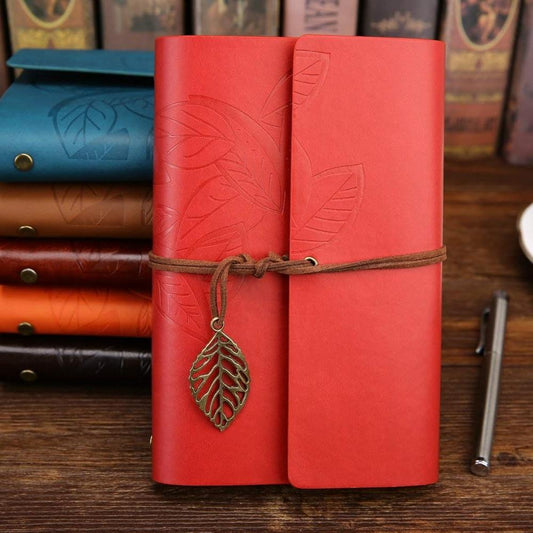 Retro Leaf Embossed Leather Cover Journal With Kraft Pages