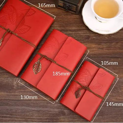 Retro Leaf Embossed Leather Cover Journal With Kraft Pages