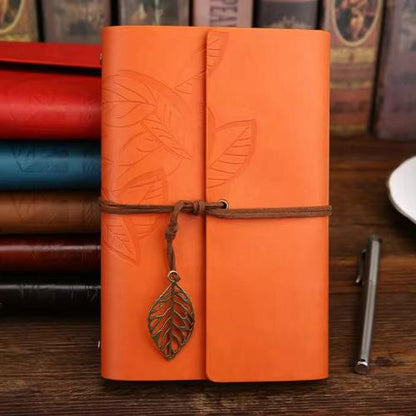 Retro Leaf Embossed Leather Cover Journal With Kraft Pages