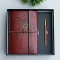 Retro Leaf Leather Journal Gift Set with Pen - Redish Brown