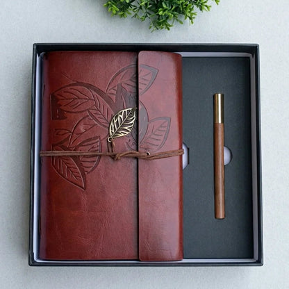 Retro Leaf Leather Journal Gift Set with Pen - Redish Brown