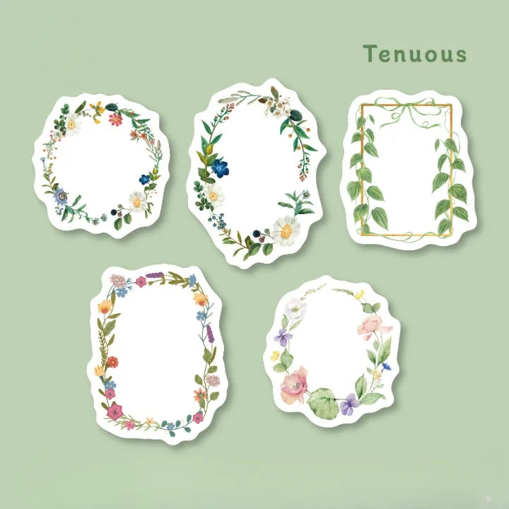 Five decorative floral frames on a light green background with 'Tenuous' branding.
