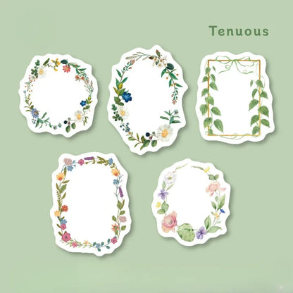 Five decorative floral frames on a light green background with 'Tenuous' branding.
