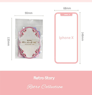 Measurement chart comparing a product to an iPhone X on a pink background with 'Retro Story' branding.