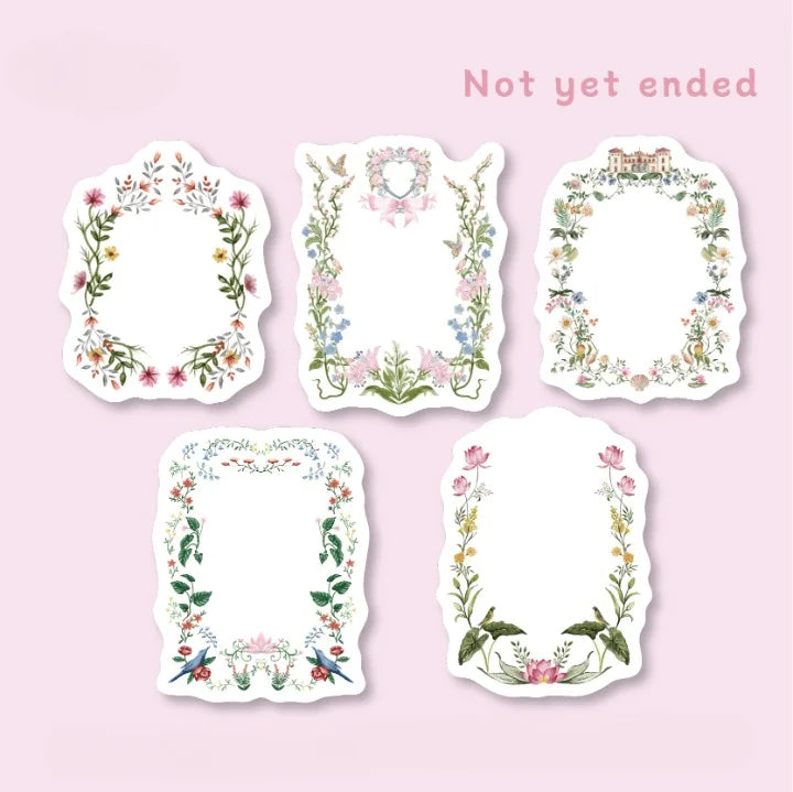 Five floral frames on a pink background with text 'Not yet ended'.
