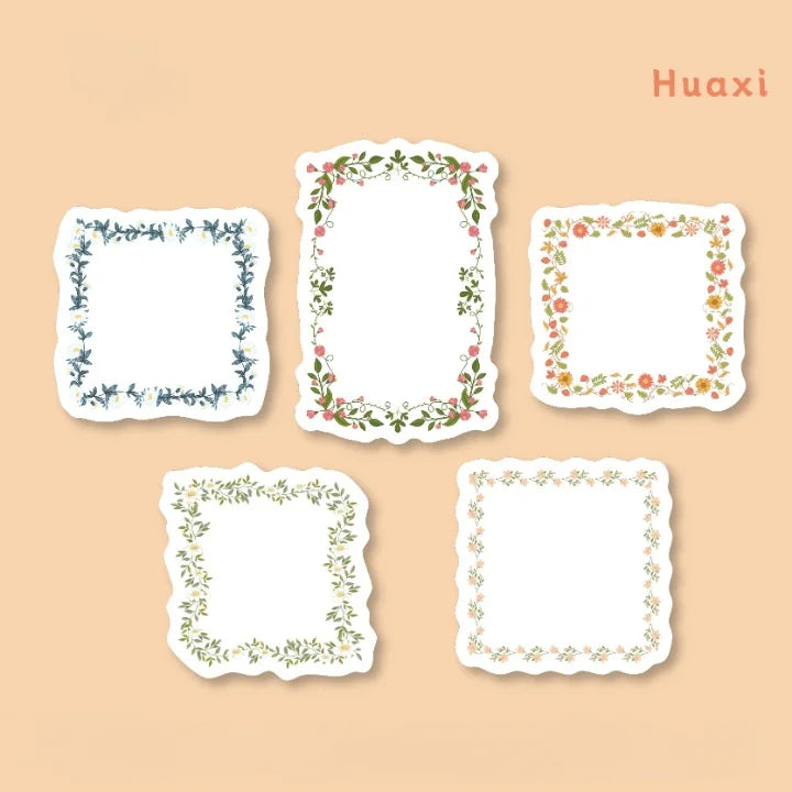 Set of five decorative paper frames with floral designs on a beige background, branded 'Huaxi'.