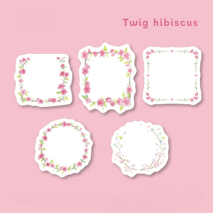 Floral design elements on white paper with 'Twig hibiscus' text on a pink background