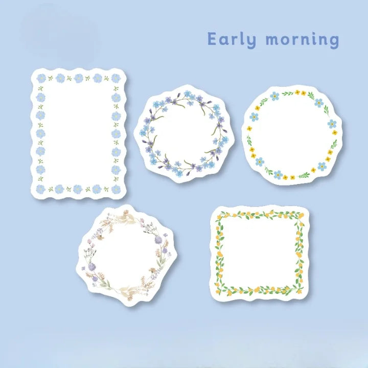 Set of decorative paper frames with floral designs on a light blue background, labeled 'Early morning'.