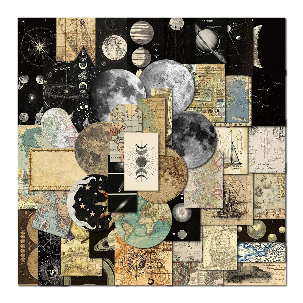 Collage of celestial and vintage-themed illustrations on a black background