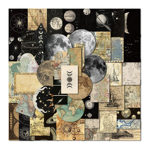 Collage of celestial and vintage-themed illustrations on a black background