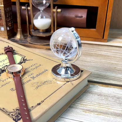 Crystal globe on an open book with a sand timer in the background