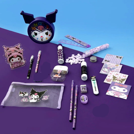 Collection of stationery items on a purple and blue background