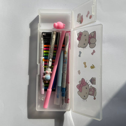Pen case with stationery items and Hello Kitty designs on a white background