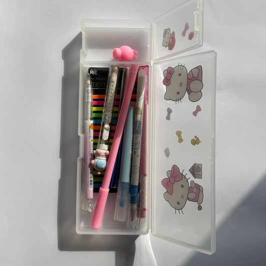 Pen case with stationery items and Hello Kitty designs on a white background