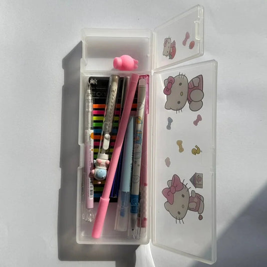 Pencil case with stationery items including pens and a ruler, featuring Hello Kitty illustrations on a white background.