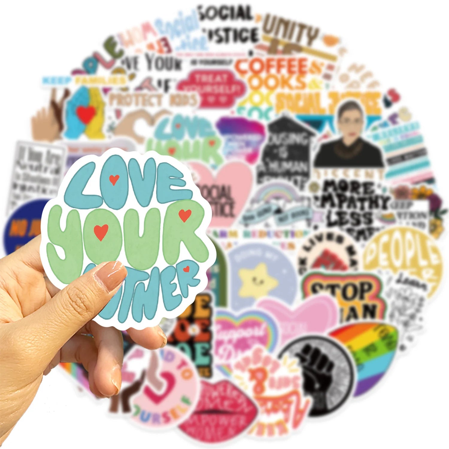 Hand holding a 'Love Your Mother' sticker with a collection of other colorful stickers in the background.