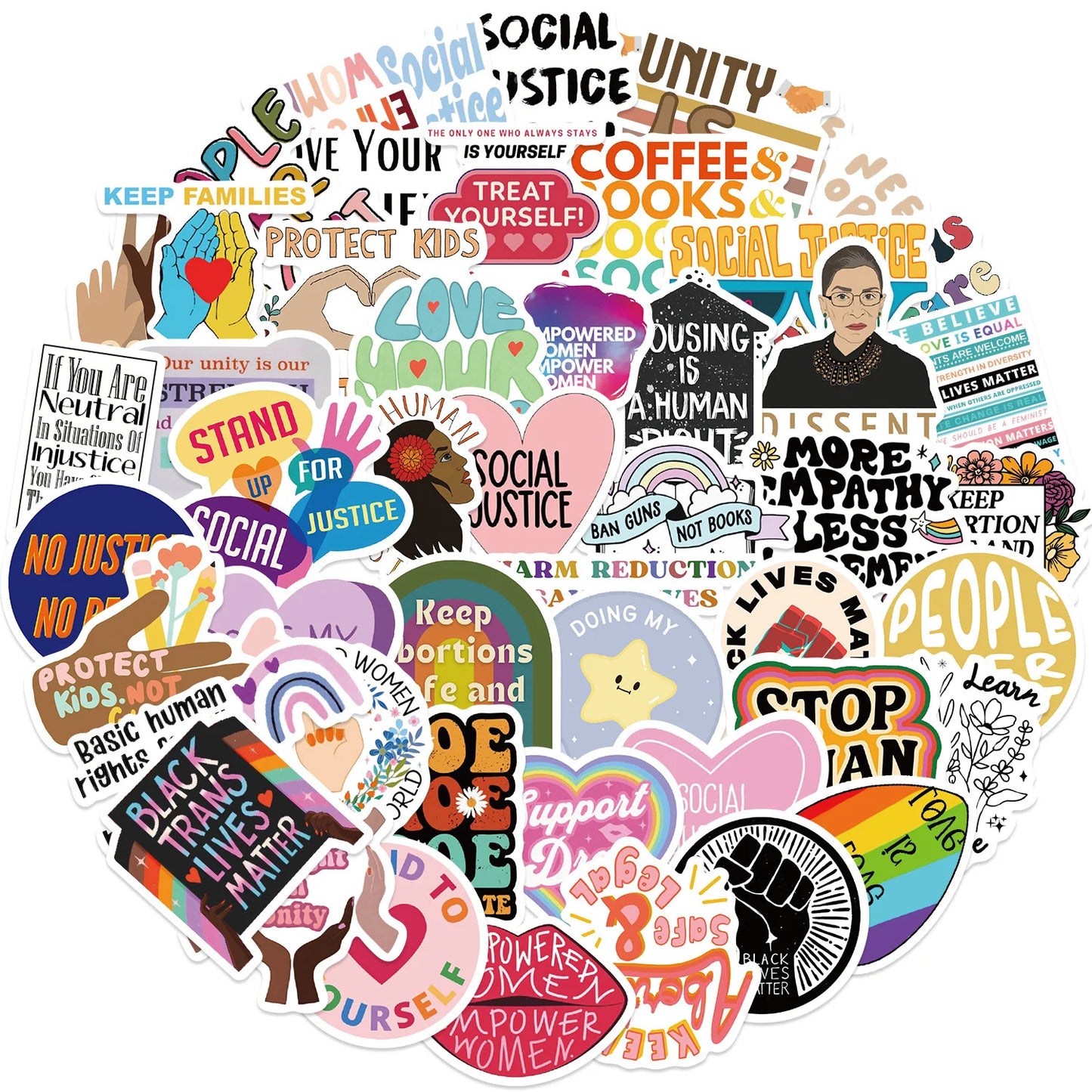 Collection of social justice-themed stickers on a white background