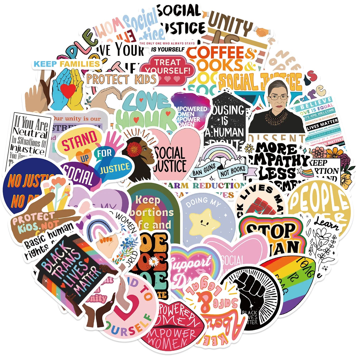 Collection of social justice-themed stickers on a white background