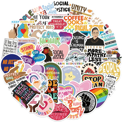 Collection of social justice-themed stickers on a white background