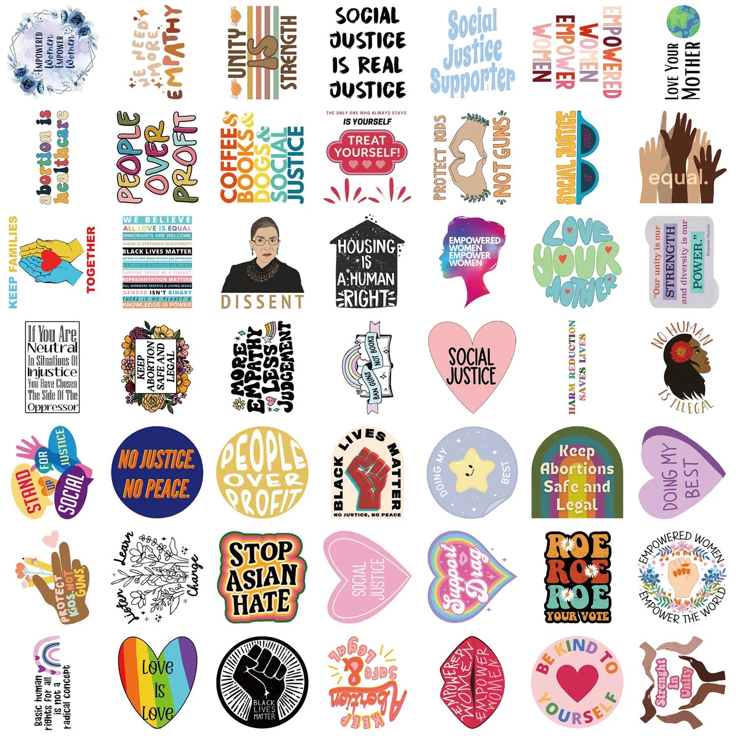 Collection of social justice-themed stickers on a white background