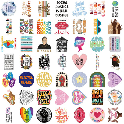 Collection of social justice-themed stickers on a white background
