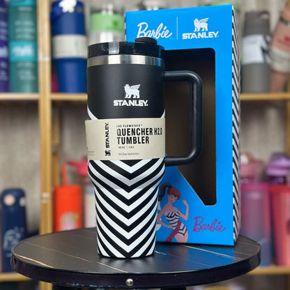 Stanley Steel Tumbler 40 oz with Plastic Straw - Black with White Stripes
