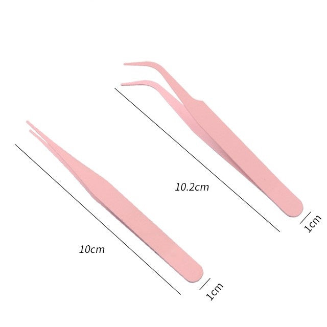 Two pink tweezers with measurements on a white background