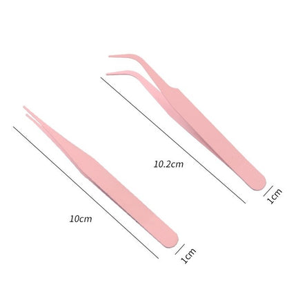 Two pink tweezers with measurements on a white background