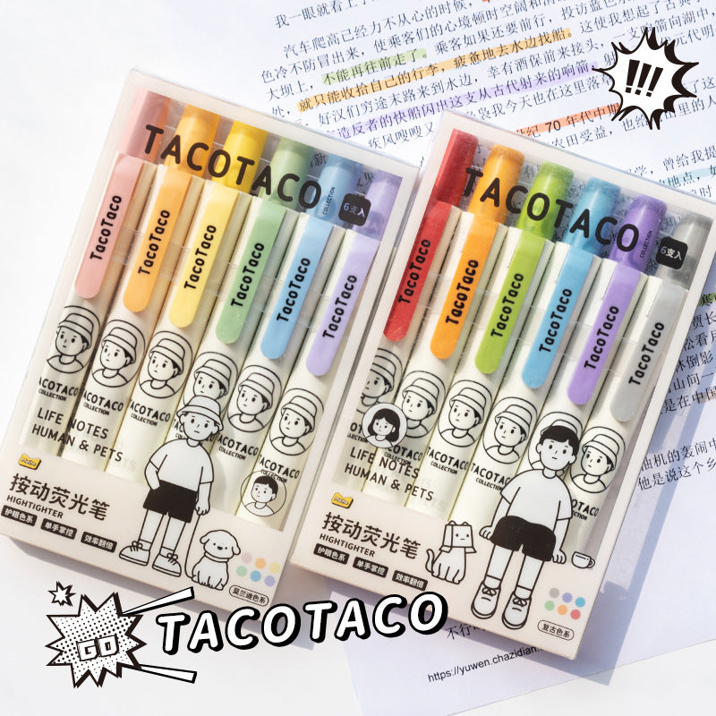 TACOTACO highlighters with cartoon character packaging on a white background