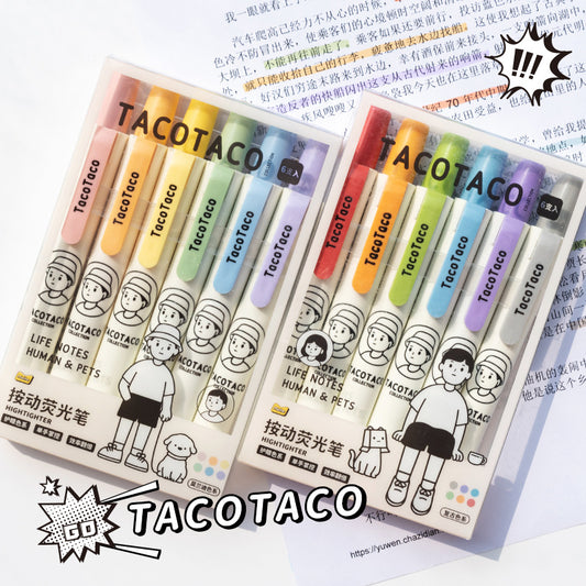 TACOTACO highlighters with cartoon character packaging on a white background