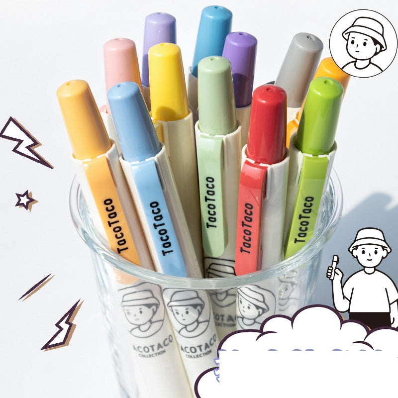 Colorful markers with Taco Taco branding in a clear cup on a white background