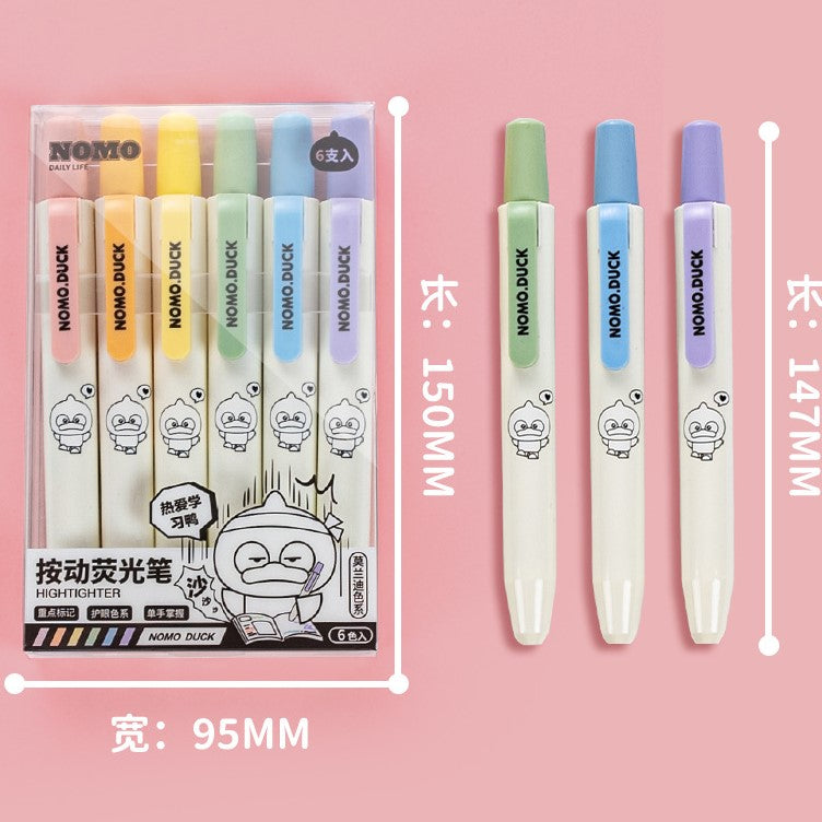 Set of colorful highlighters with packaging on a pink background