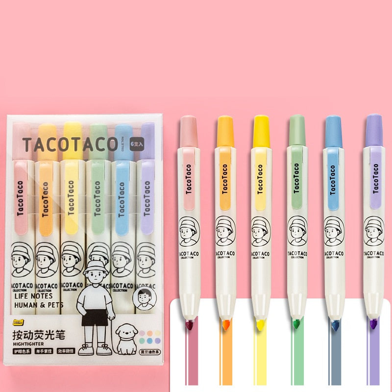 Set of colorfulTacotaco highlighters with packaging on a pink background