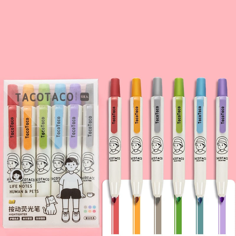 Set of colorful pens with 'TACOTACO' branding on a pink background