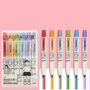 Set of colorful pens with 'TACOTACO' branding on a pink background