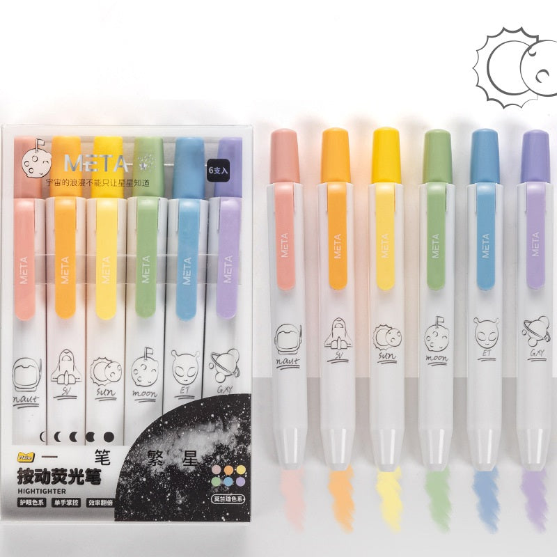 Set of colorful highlighters with visible brand 'META' on a white background