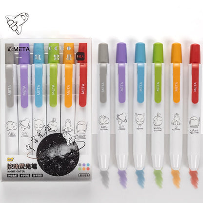 Set of colorful highlighters with packaging displaying the brand 'META'.