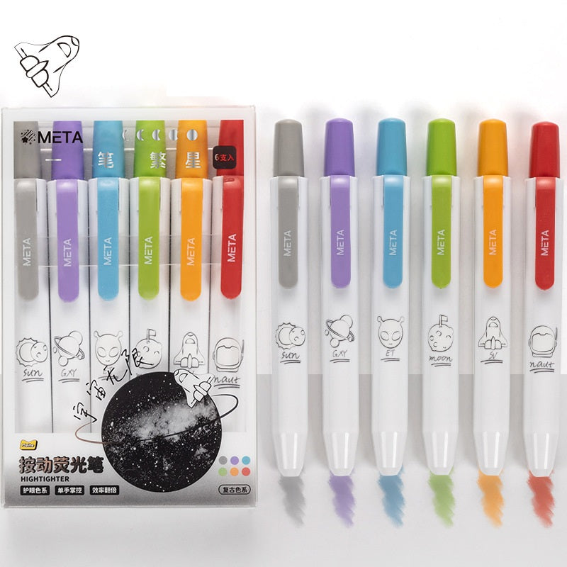 Set of colorful highlighters with packaging displaying the brand 'META'.