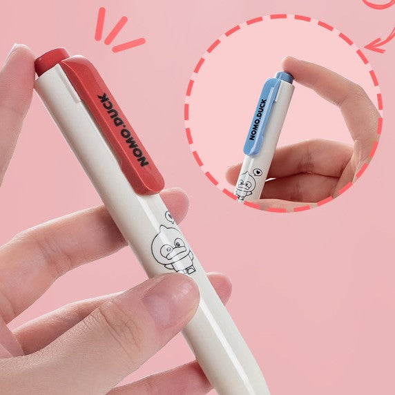 Two pens with cartoon characters on a pink background
