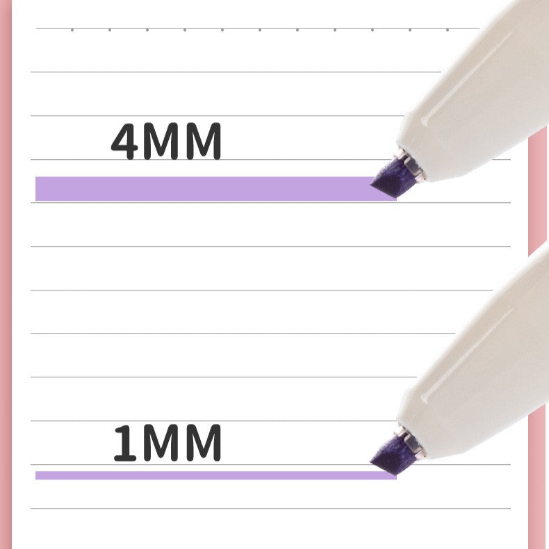 Two markers with lines showing 4mm and 1mm widths on lined paper.