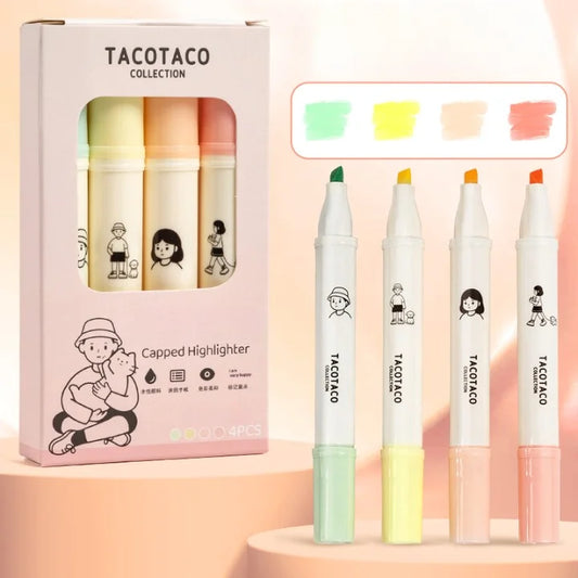 Set of highlighters with 'Tacotaco' branding and color swatches on a light pink background.