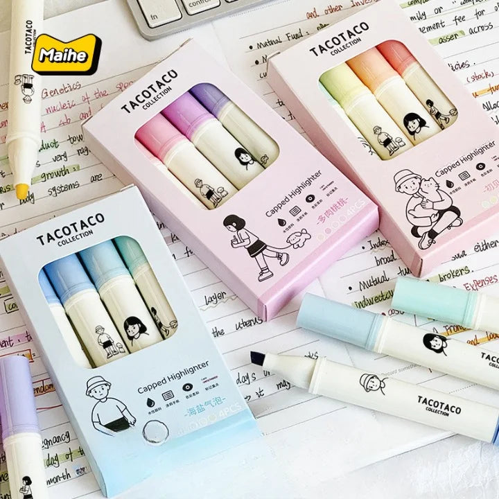 Highlighters with 'Tacotaco' packaging on a paper background