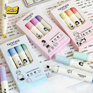 Highlighters with 'Tacotaco' packaging on a paper background