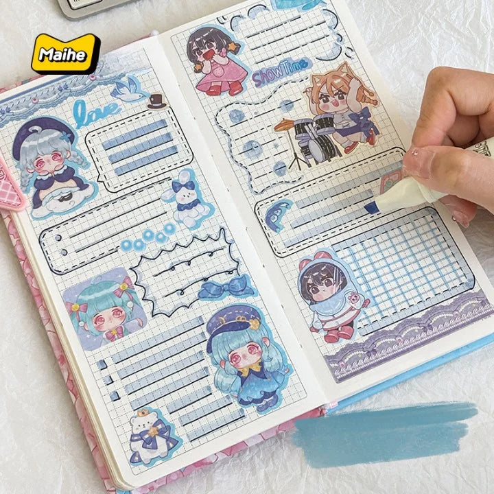 Notebook with cute character stickers and a hand holding it, featuring the brand 'Maihe'.