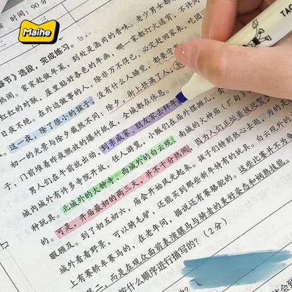 Hand holding a pen over a book with highlighted text, featuring the Maihe brand logo.
