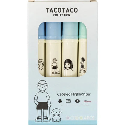 Packaging of Tacotaco highlighters with illustrations on a white background