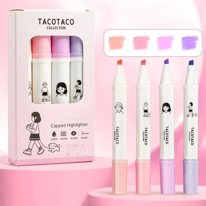 Set of Tacotaco highlighters with packaging on a pink background