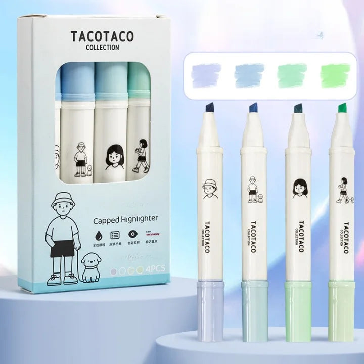 TACOTACO highlighter set with packaging on a light blue background