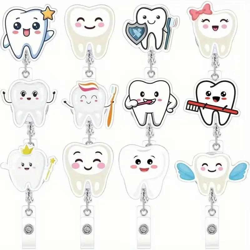 Set of cartoon tooth-shaped badge holders with various accessories on a white background